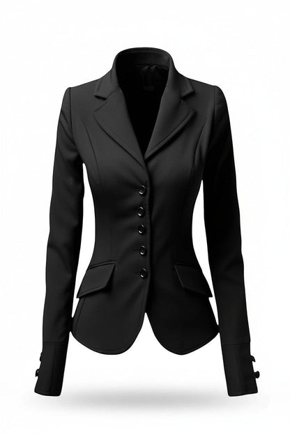 Scarlett Stitch black tailored equestrian-style blazer with sharp lapel, four-button front, flap pockets, and buttoned cuffs.