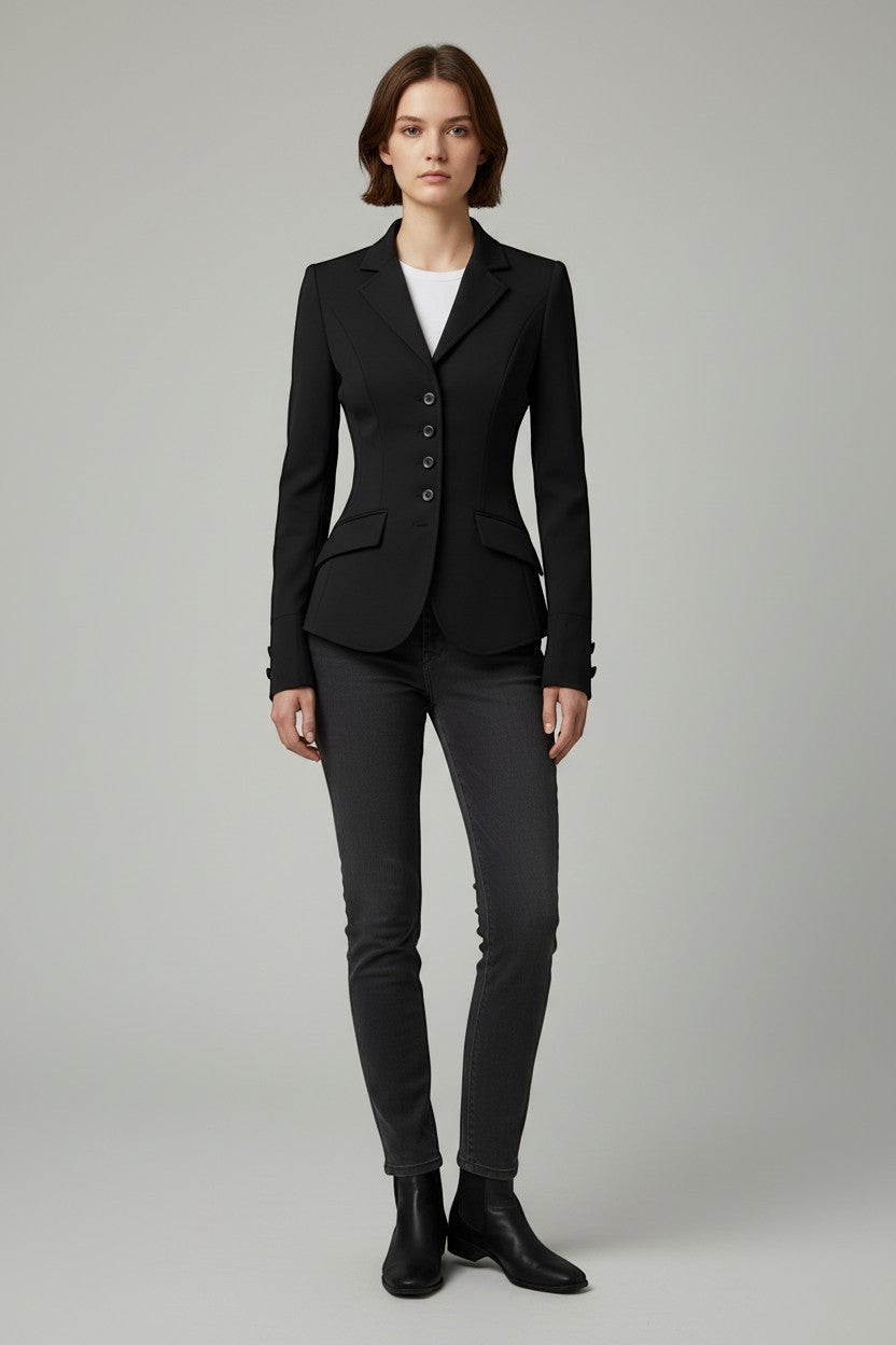 Scarlett Stitch black fitted tailored equestrian style jacket with button details and flap pockets.
