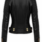 Scarlett Stitch black faux leather biker jacket with gold hardware, ribbed shoulders, and belted waist back view.