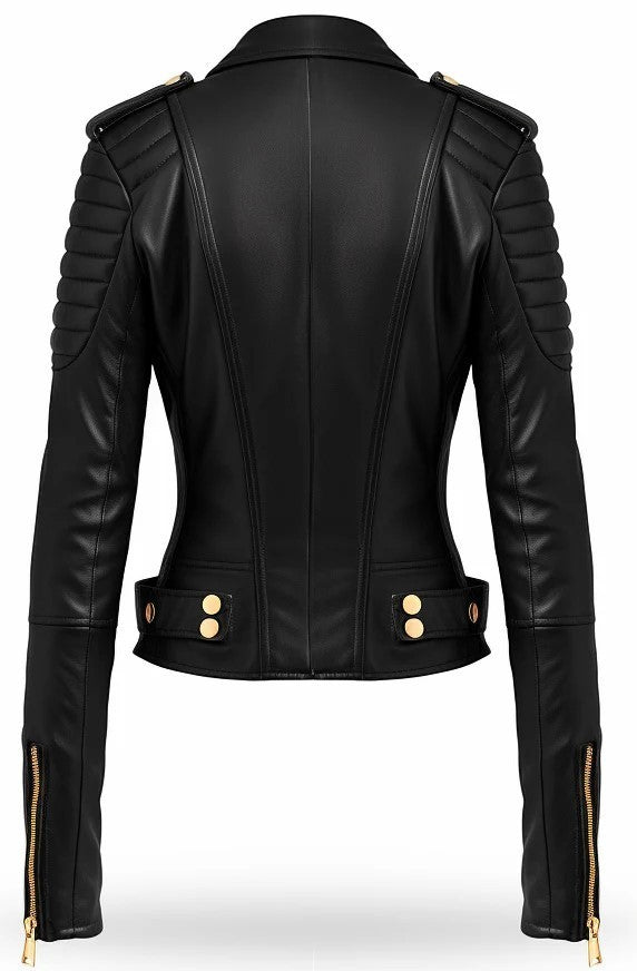 Scarlett Stitch black faux leather biker jacket with gold hardware, ribbed shoulders, and belted waist back view.