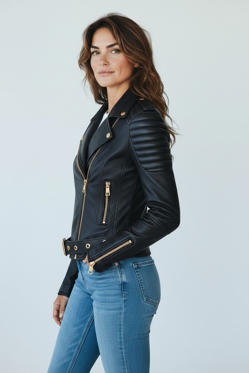 Woman wearing a Scarlett Stitch black faux leather biker jacket with gold hardware, ribbed shoulders, and belt.