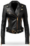 Scarlett Stitch black faux leather biker jacket with gold hardware, belted waist, and ribbed shoulder detailing.