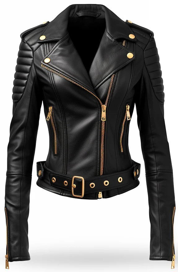 Scarlett Stitch black faux leather biker jacket with gold hardware, belted waist, and ribbed shoulder detailing.