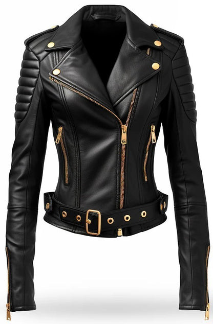 Scarlett Stitch black faux leather biker jacket with gold hardware, belted waist, and ribbed shoulder detailing.