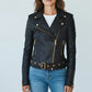 Scarlett Stitch black faux leather biker jacket with gold hardware, belted waist, and ribbed shoulder detailing.