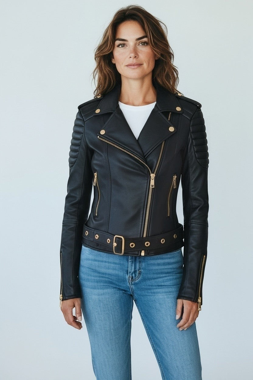 Scarlett Stitch black faux leather biker jacket with gold hardware, belted waist, and ribbed shoulder detailing.
