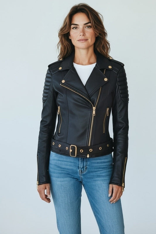 Scarlett Stitch black faux leather biker jacket with gold hardware, belted waist, and ribbed shoulder detailing.
