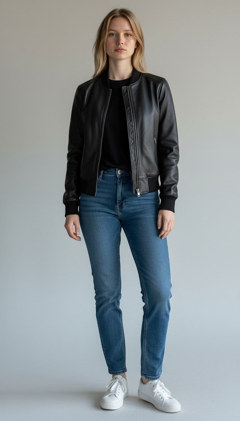 Scarlett Stitch women's black faux leather bomber jacket with ribbed collar, cuffs, and hem. Full zip front with side pockets.