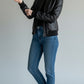 Scarlett Stitch women's black faux leather bomber jacket with ribbed collar, cuffs, and hem. Full zip front.