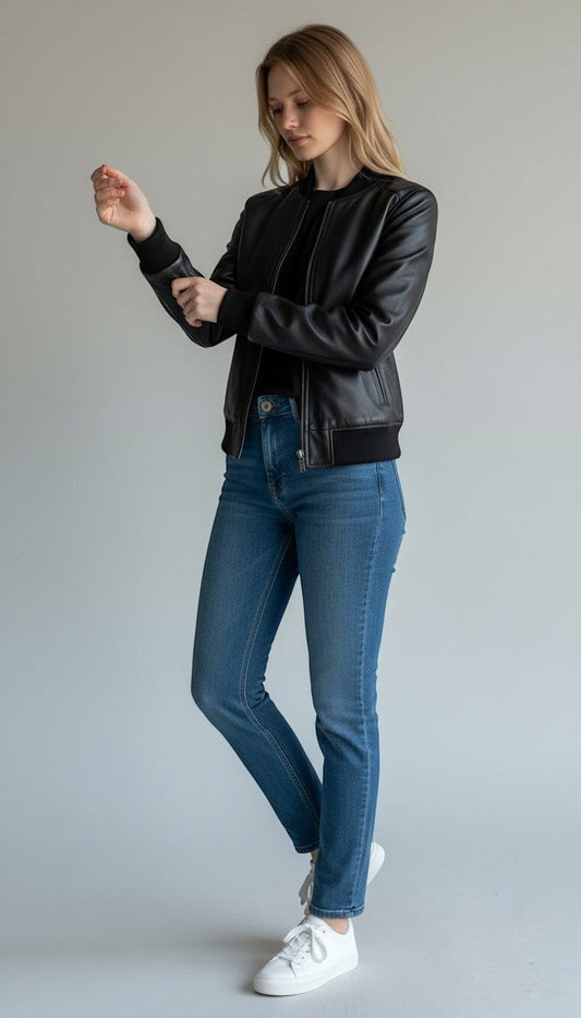 Scarlett Stitch women's black faux leather bomber jacket with ribbed collar, cuffs, and hem. Full zip front.
