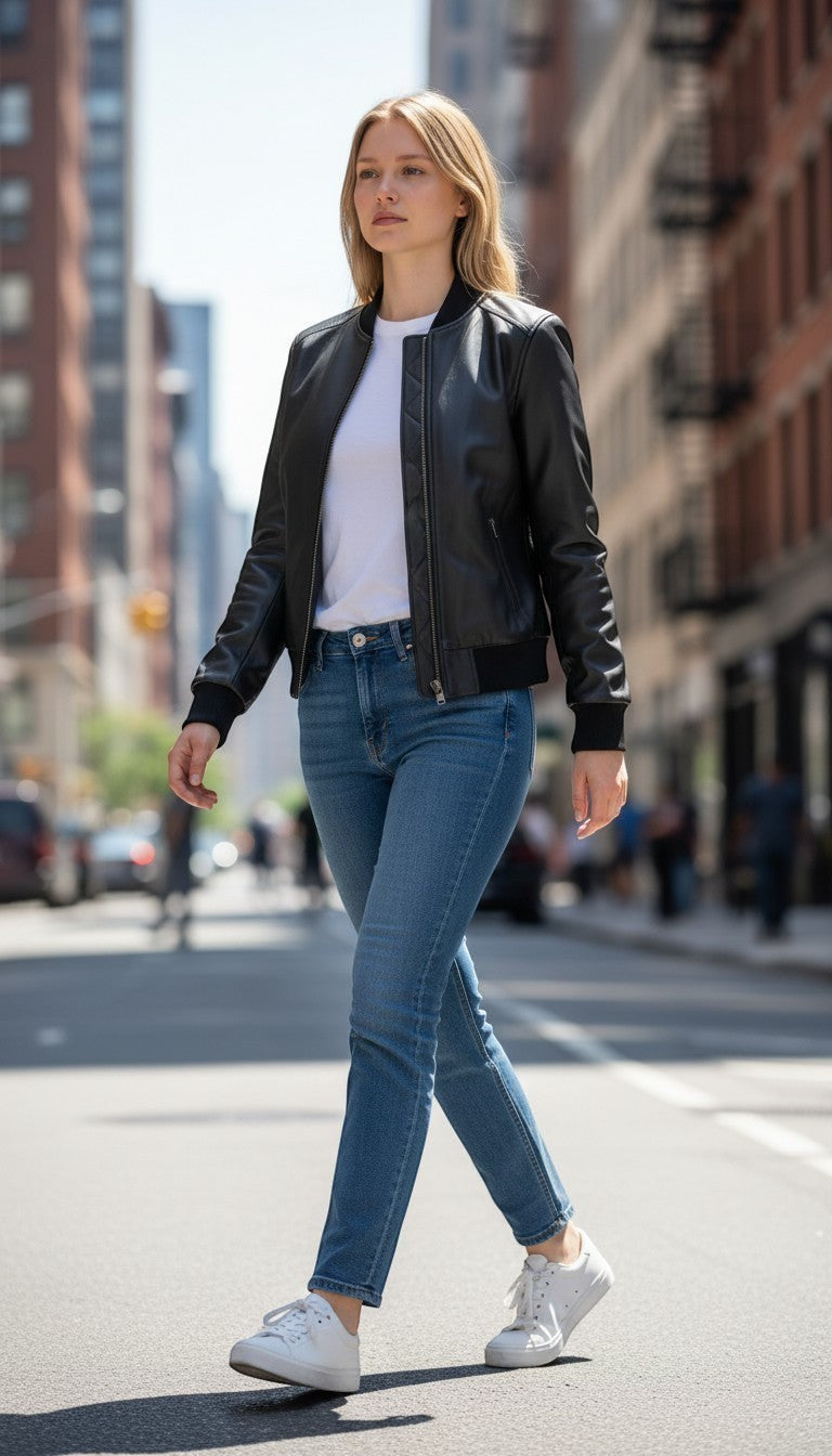 Scarlett Stitch women's black faux leather bomber jacket with ribbed collar, cuffs, and hem, worn by a model walking on a city street.