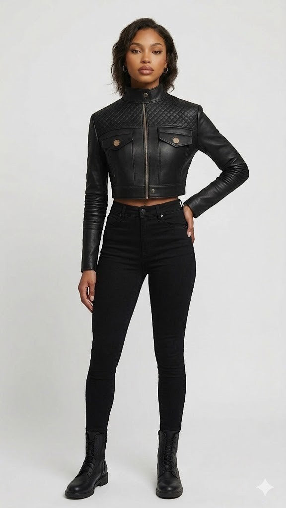 Scarlett Stitch black faux leather cropped moto jacket with diamond quilting on shoulders and zippered cuffs.