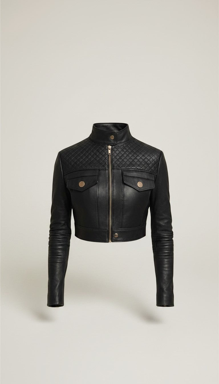 Scarlett Stitch black faux leather cropped moto jacket with diamond quilting, stand collar, zip front, and button flap pockets.