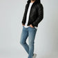 Scarlett Stitch Men's black faux leather hooded bomber jacket with sherpa lining, ribbed cuffs and hem.