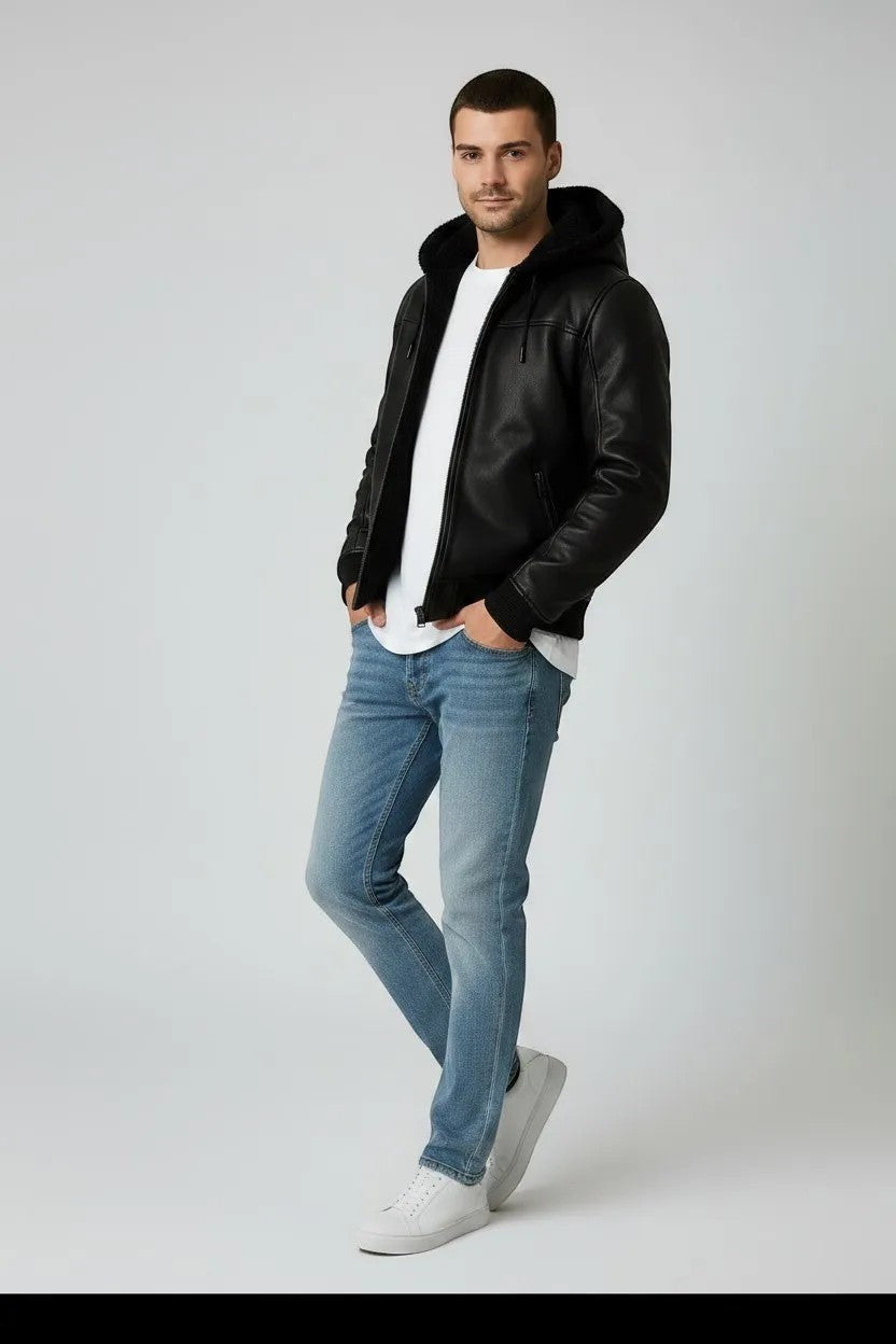 Scarlett Stitch Men's black faux leather hooded bomber jacket with sherpa lining, ribbed cuffs and hem.