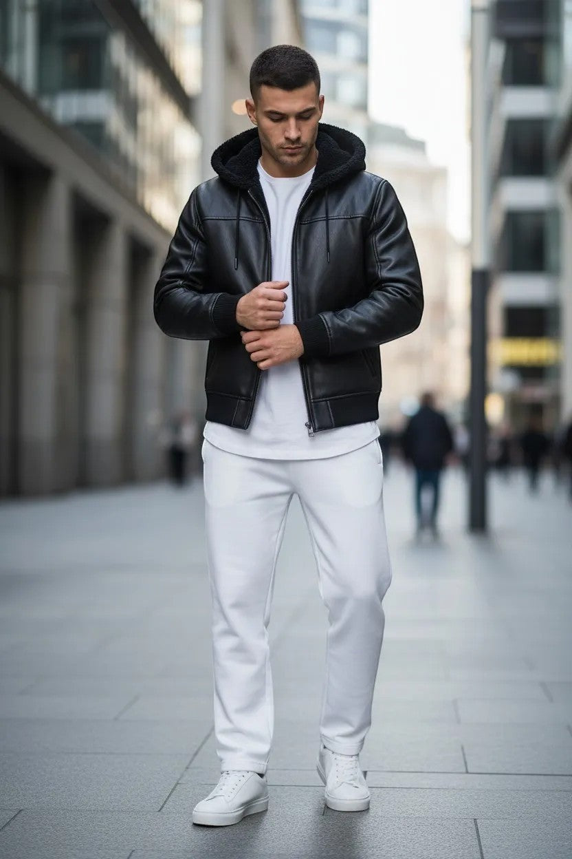 Scarlett Stitch black faux leather hooded bomber jacket with sherpa lining, ribbed cuffs and hem, worn by a man.