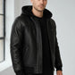 Scarlett Stitch Men's black faux leather bomber jacket with sherpa-lined hood, zip front, and ribbed cuffs.
