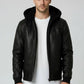 Scarlett Stitch Men's black faux leather bomber jacket with sherpa-lined hood and ribbed cuffs.