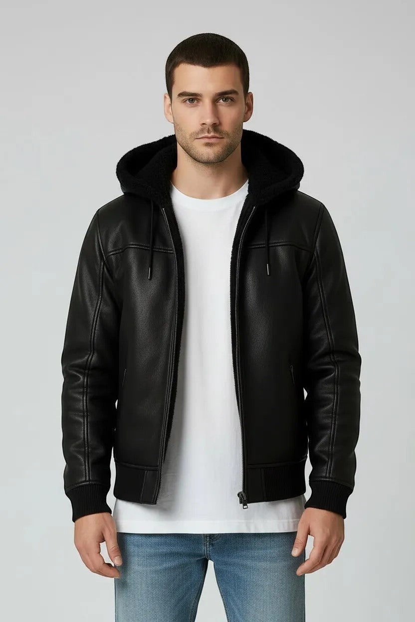 Scarlett Stitch Men's black faux leather bomber jacket with sherpa-lined hood and ribbed cuffs.