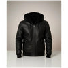 Scarlett Stitch Men's black faux leather hooded bomber jacket with sherpa lining and zip pockets.