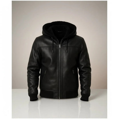 Scarlett Stitch Men's black faux leather hooded bomber jacket with sherpa lining and zip pockets.