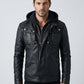 Scarlett Stitch men's black faux leather hooded jacket with zippered pockets and antique brass hardware.