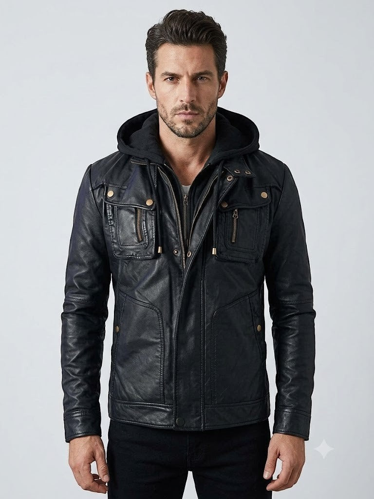 Scarlett Stitch men's black faux leather hooded jacket with zippered pockets and antique brass hardware.