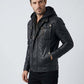Scarlett Stitch Men's black faux leather hooded jacket with multiple zippered and flap pockets.