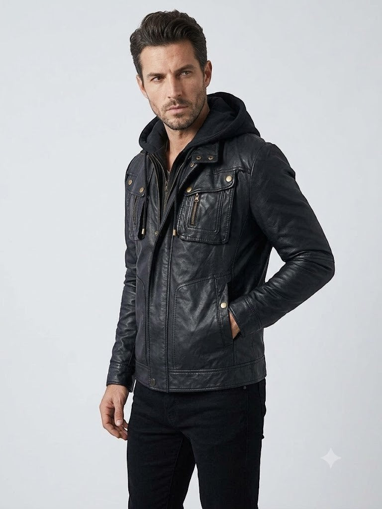 Scarlett Stitch Men's black faux leather hooded jacket with multiple zippered and flap pockets.