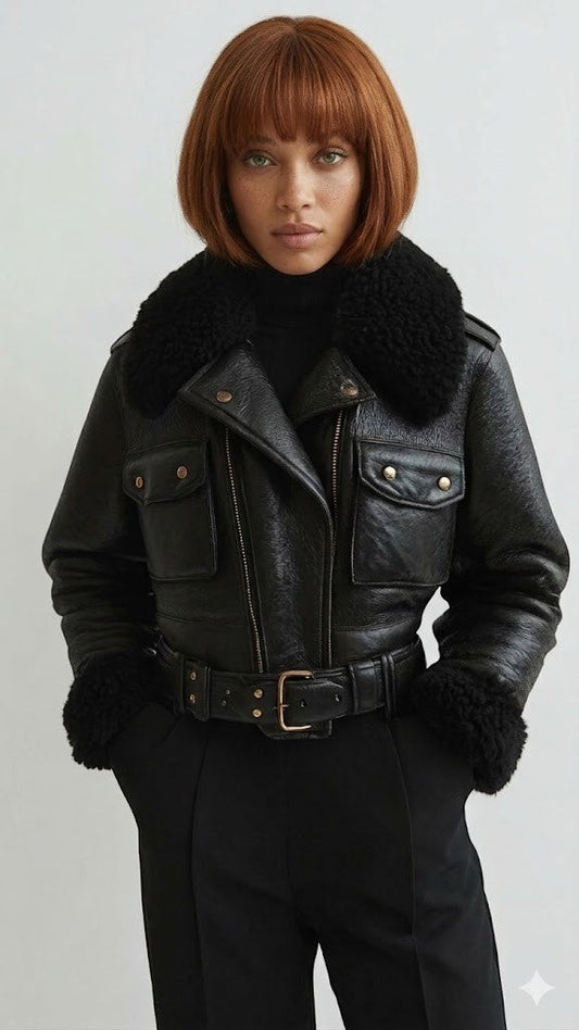Scarlett Stitch black faux leather cropped moto jacket with faux shearling collar and cuffs, belt detail.