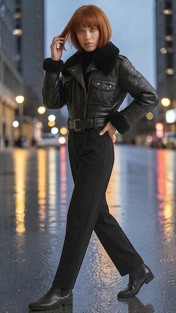 Scarlett Stitch black faux leather cropped moto jacket with faux shearling collar and cuffs, worn by a model on a city street.
