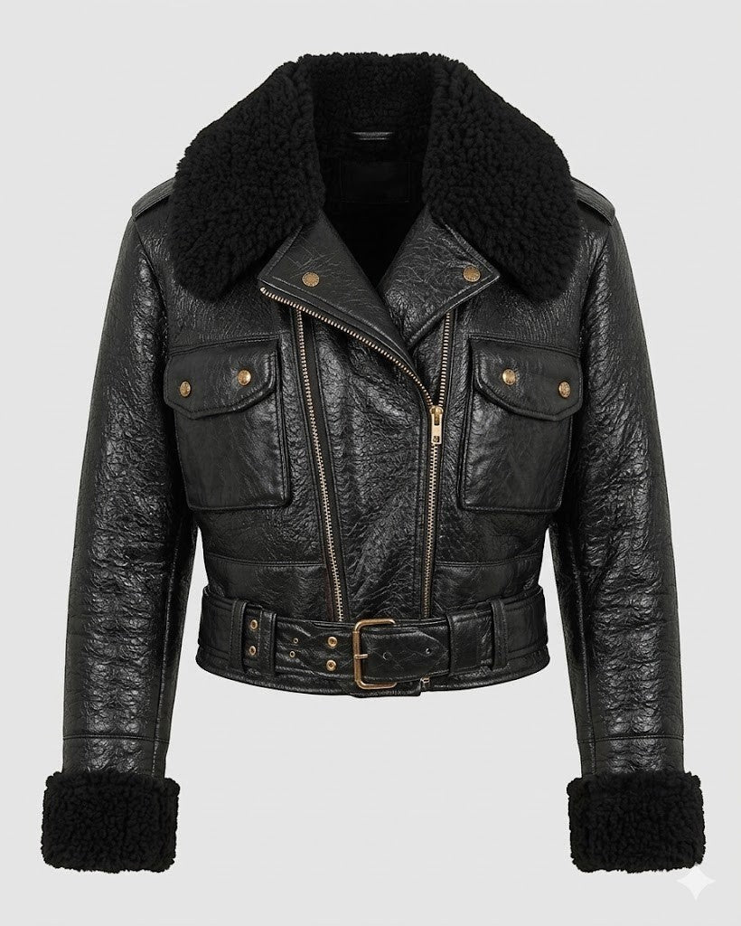 Scarlett Stitch black faux leather cropped moto jacket with faux shearling collar and cuffs, asymmetrical zip, and buckle belt.