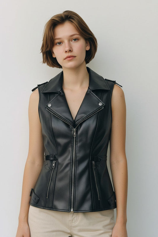 Scarlett Stitch black faux leather moto vest with lapel collar, zip front, zippered pockets, and buckle tabs.
