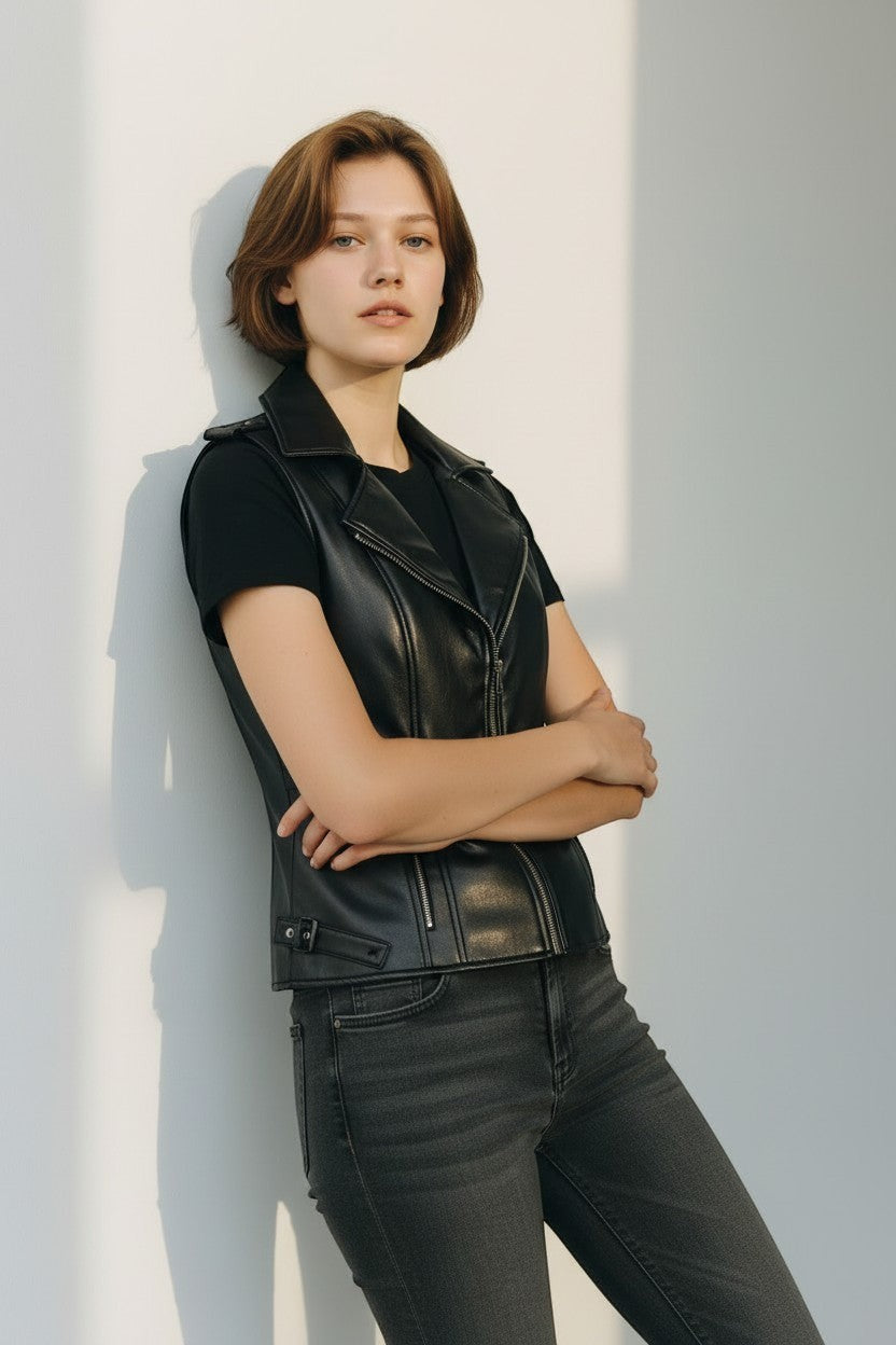 Scarlett Stitch black faux leather moto vest with lapel collar, zip accents, and buckle tabs. Model wears vest over black t-shirt and grey jeans.