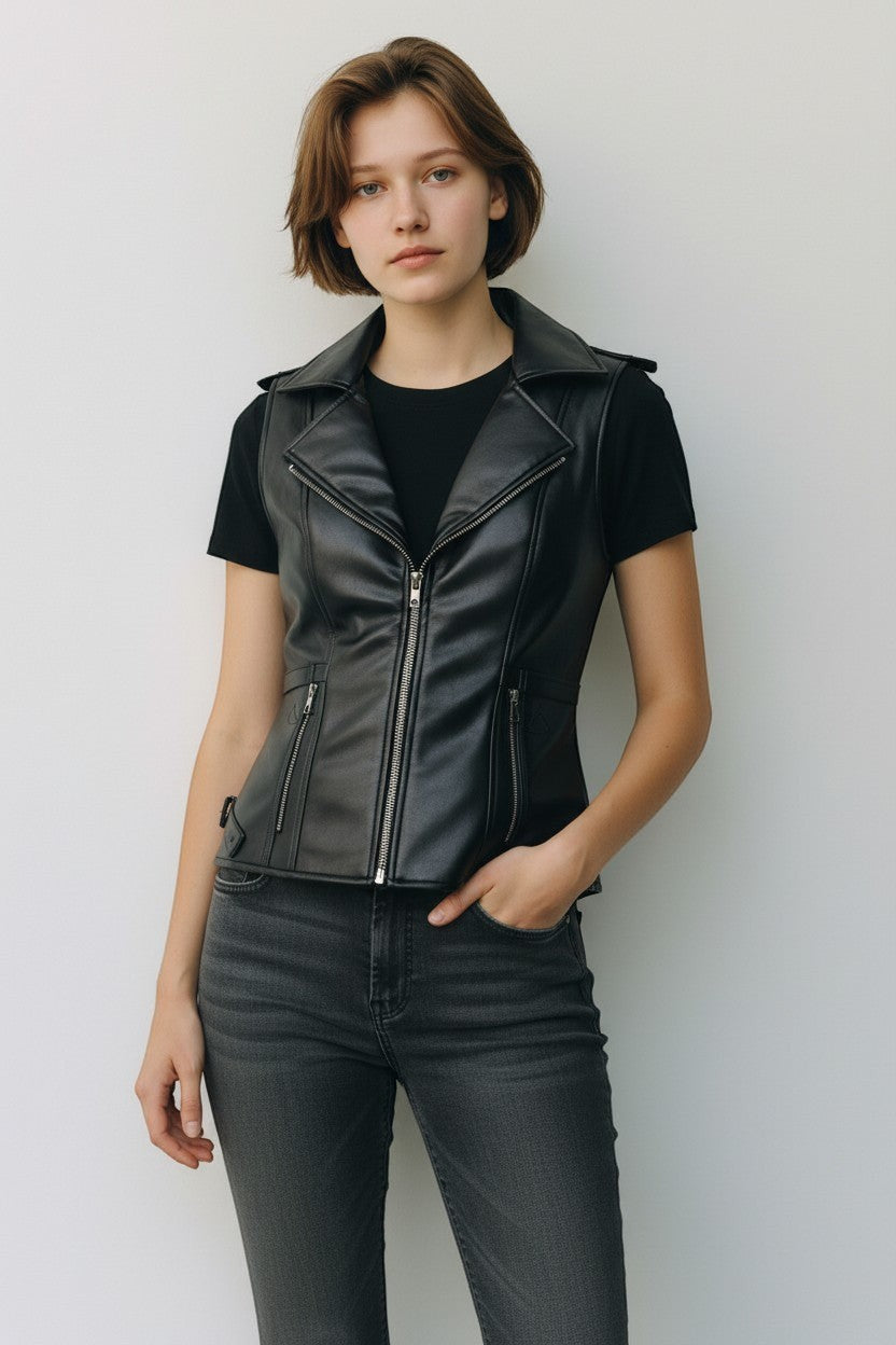 Scarlett Stitch black faux leather moto vest with lapel collar, zip front, and zippered pockets. Tailored fit.