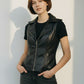 Scarlett Stitch black faux leather moto vest with lapel collar, zip front, and zippered pockets. Tailored fit.