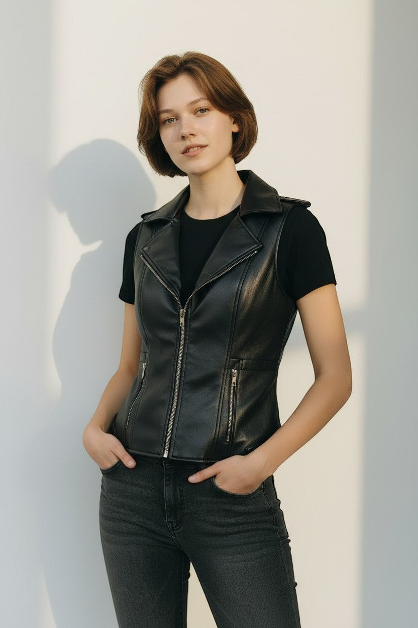 Scarlett Stitch black faux leather moto vest with lapel collar, zip front, and zippered pockets. Tailored fit.