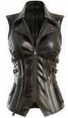 Scarlett Stitch black faux leather moto vest with lapel collar, zipper accents, and buckle tabs. Tailored fit.