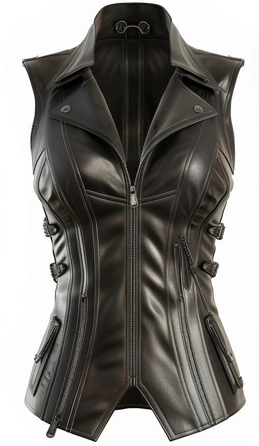Scarlett Stitch black faux leather moto vest with lapel collar, zipper accents, and buckle tabs. Tailored fit.