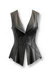 Scarlett Stitch black faux leather peplum vest with notched lapel and single-button closure. Sleeveless, sculpted fit.