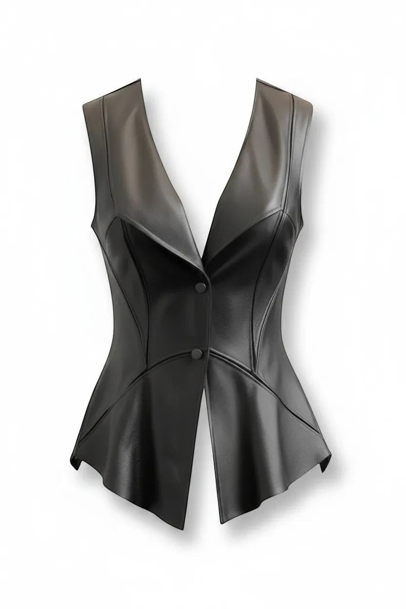 Scarlett Stitch black faux leather peplum vest with notched lapel and single-button closure. Sleeveless, sculpted fit.