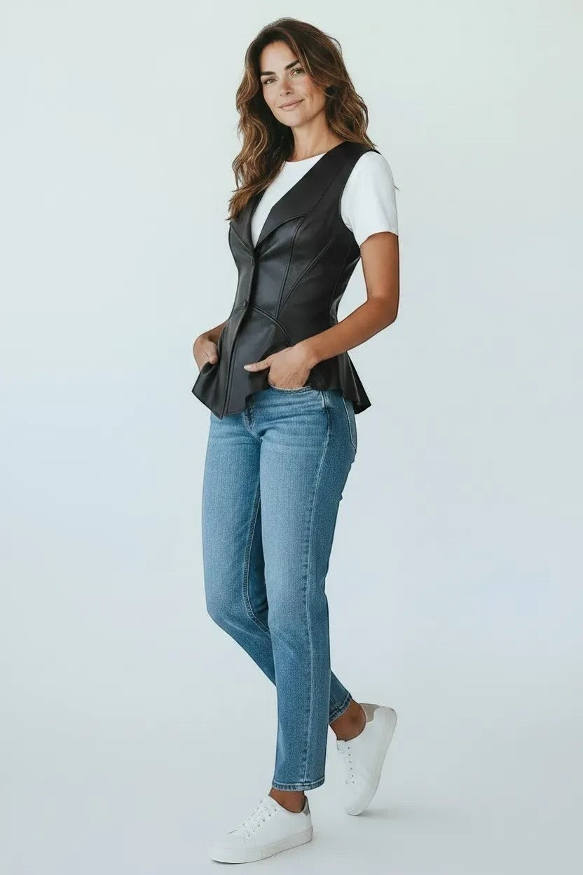Scarlett Stitch black faux leather peplum vest with notched lapel and single-button closure, worn by a model with jeans.