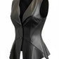 Scarlett Stitch black faux leather peplum vest with notched lapel and single-button closure. Sleeveless design with seam detailing.