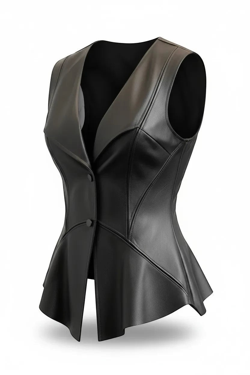 Scarlett Stitch black faux leather peplum vest with notched lapel and single-button closure. Sleeveless design with seam detailing.