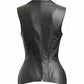 Scarlett Stitch black faux leather peplum vest with collar and single-button closure. Sleeveless, tailored fit.