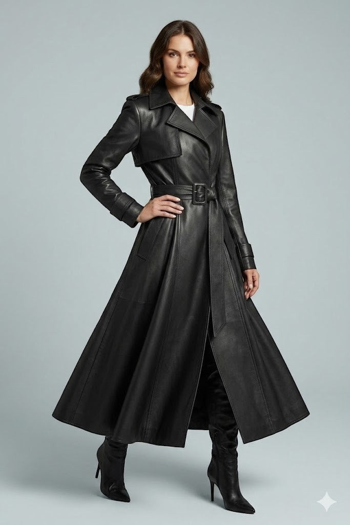 Scarlett Stitch black faux leather belted full skirt trench coat with wide lapels and double-breasted front.