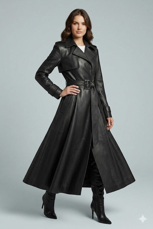 Scarlett Stitch black faux leather belted full skirt trench coat with wide lapels and double-breasted front.