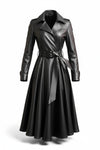 Scarlett Stitch black faux leather belted full skirt trench coat with wide lapel and double-breasted front.