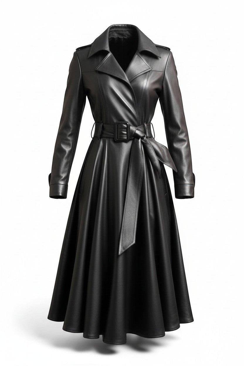 Scarlett Stitch black faux leather belted full skirt trench coat with wide lapel and double-breasted front.
