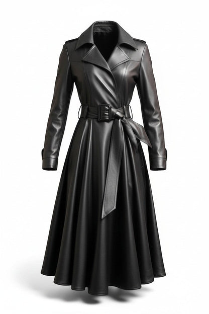 Scarlett Stitch black faux leather belted full skirt trench coat with wide lapel and double-breasted front.